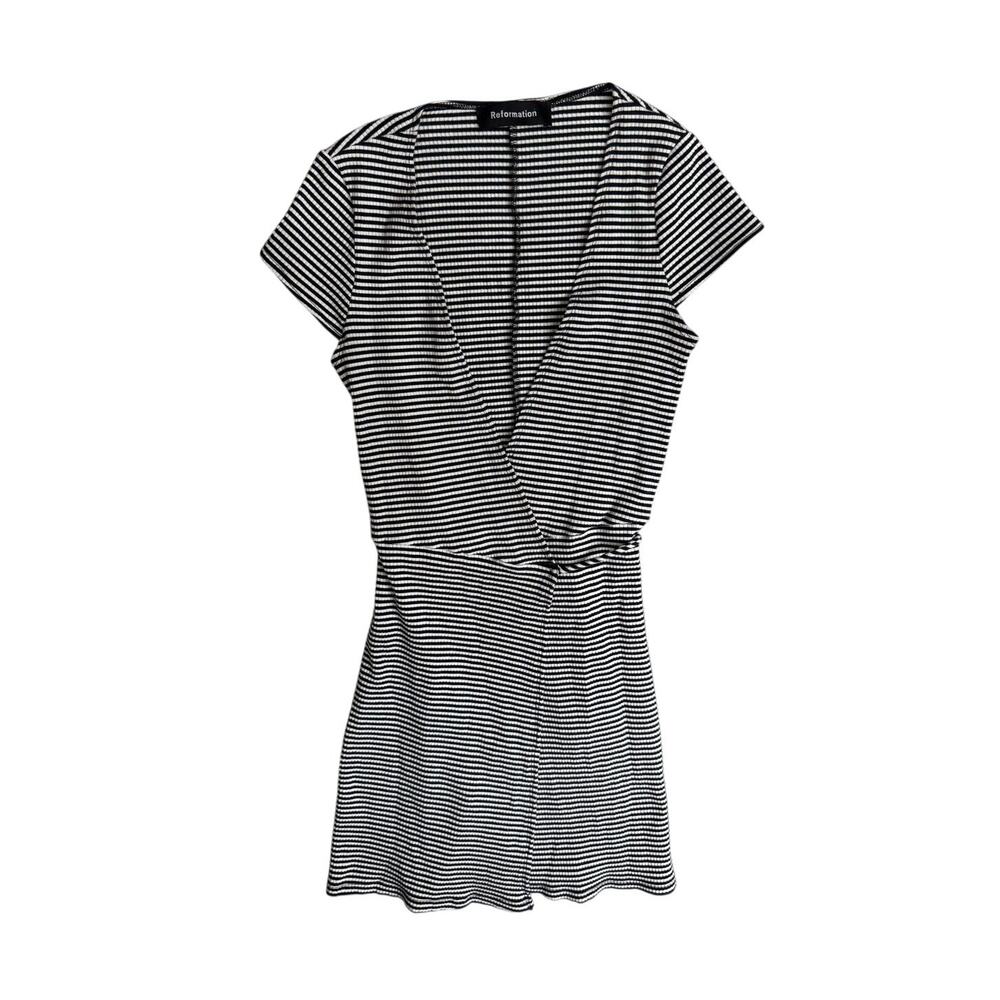 Reformation Tulip Ribbed Mini Wrap Dress Black White Stripe XS
